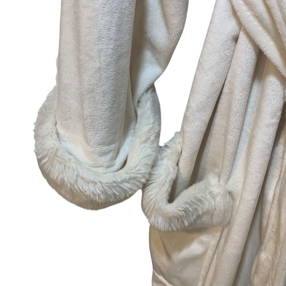Pottery Barn Cream Faux Fur Lined Hooded Loungewear Robe XL Cozy Warm Comfort - Picture 3 of 10
